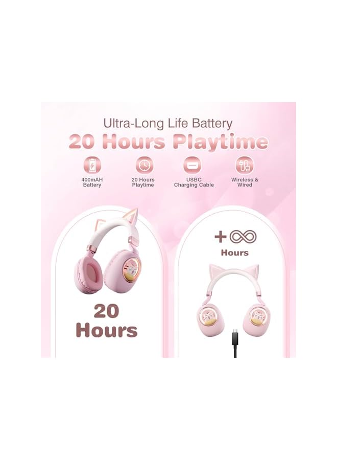 Cat Ear Kids Bluetooth Headphones, Foldable LED Light Up Headphones Stereo Over Ear with Microphone/TF Card Wireless Headphone for iPhone/iPad/Smartphone/Laptop/PC/TV (Pale Pink) - Image 4
